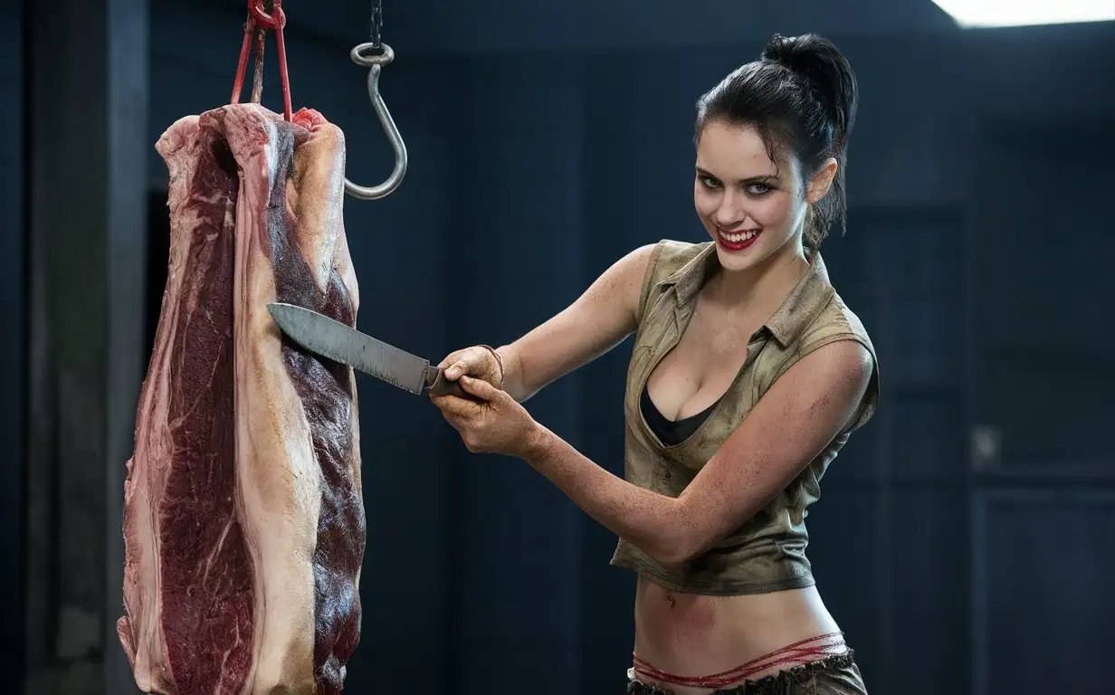 Seductive-Young-Woman-Cutting-Carcass-with-Butchers-Knife-in-Dark-Oily-Attire