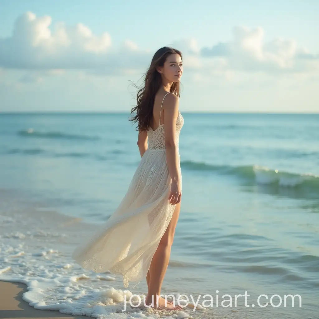 Young-Woman-Posing-at-the-Edge-of-a-Calm-Ocean-in-Elegant-Fashion