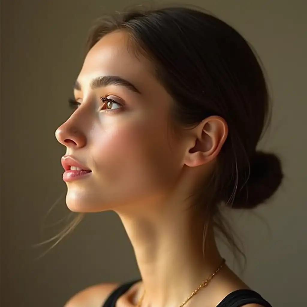 a beautiful woman of 18 years old. Her profile is delicate and elegant, with a straight and thin nose that slightly curved down at the tip. Her lips are fleshy and sensual, with a well-defined outline suggesting a permanent smile. Her jawline is firm and well defined, giving her face a touch of determination and strength. Her cheeks are high and prominent, highlighting her natural beauty. Her skin is soft and luminous, with a warm and golden tone suggesting radiant health and vitality. Her eyebrows are thin and arched, perfectly framing her face and accentuating her eyes. In general, her profile is a masterpiece of nature, with perfect proportions and a beauty that seems to radiate from within.