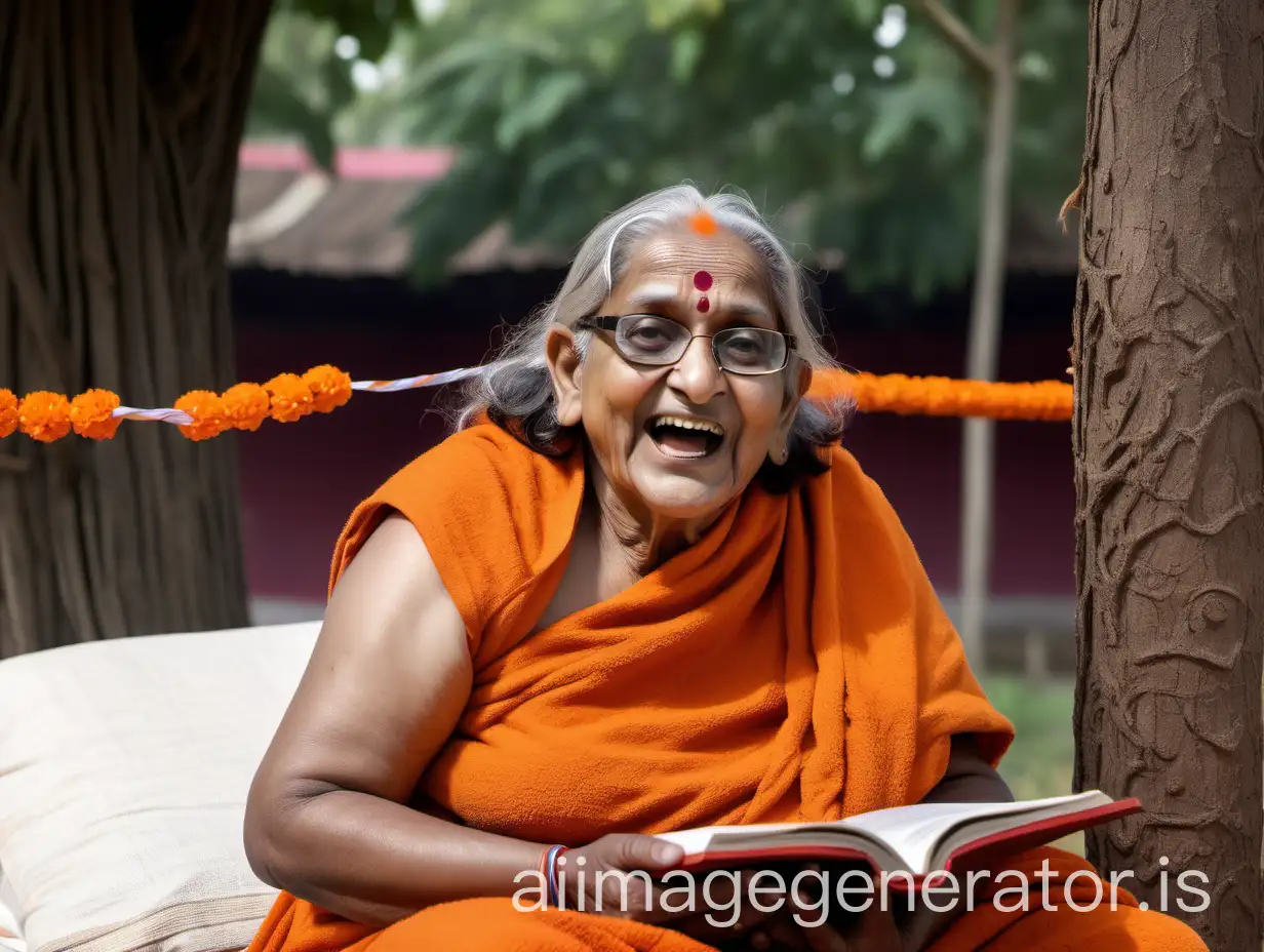 Senior-Hindu-Woman-Monk-Giving-Morning-Speech-with-Holy-Book-in-Ashram-Courtyard