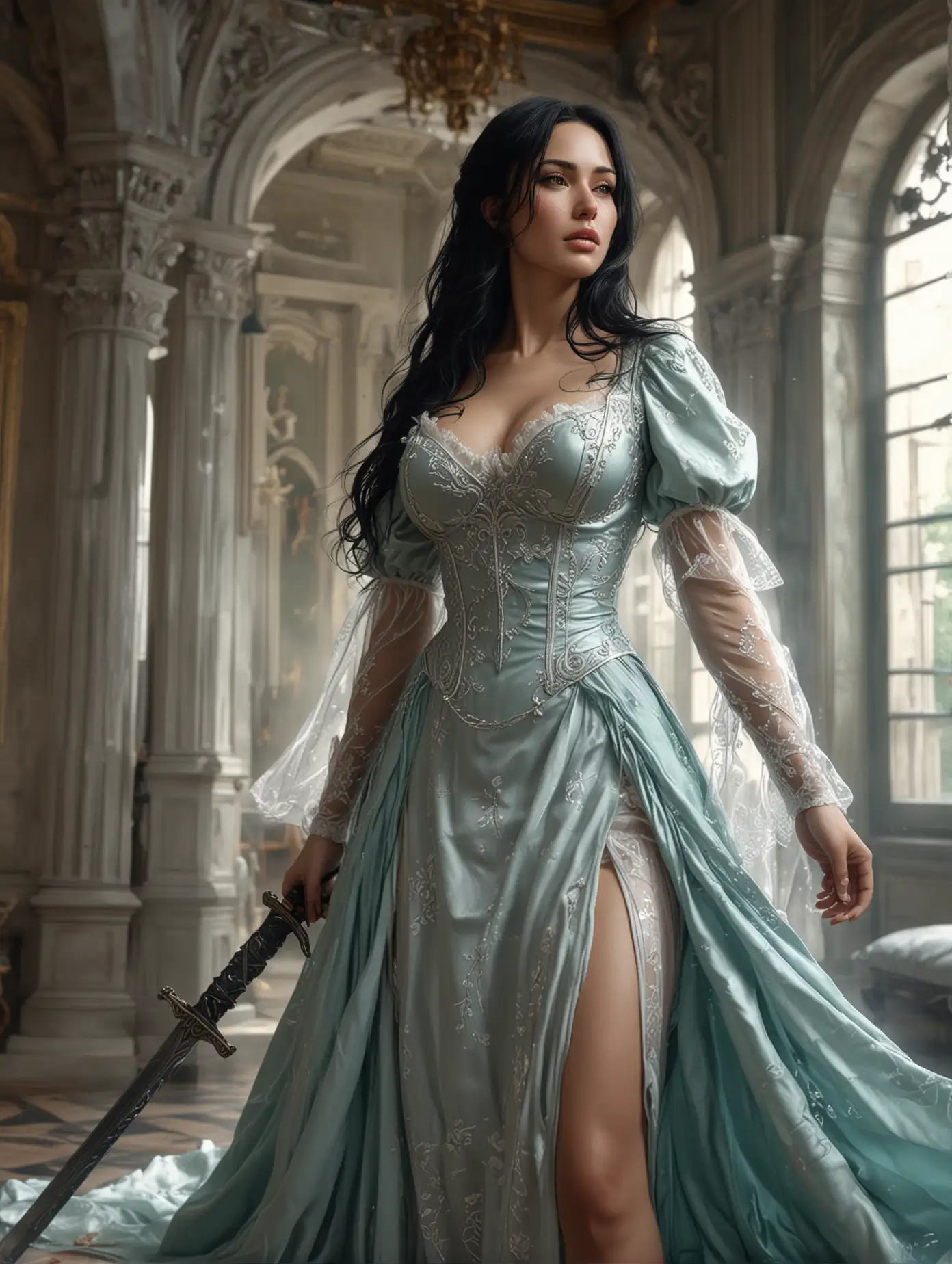 4K anime style quality, digital drawing mode, elemental-themed Monica Bellucci character with huge cleavage, long silvery-black hair, soft teal eyes, wearing a light, flowing maid dress made of gossamer with wind motifs, standing in combat pose in a rich mansion, holding a large sword, radiant skin, graceful and carefree expression, full body, dynamic pose, life size, perfect anatomy, detailed skin texture, full HD, 4K, HDR, perfect anatomy, depth of field.