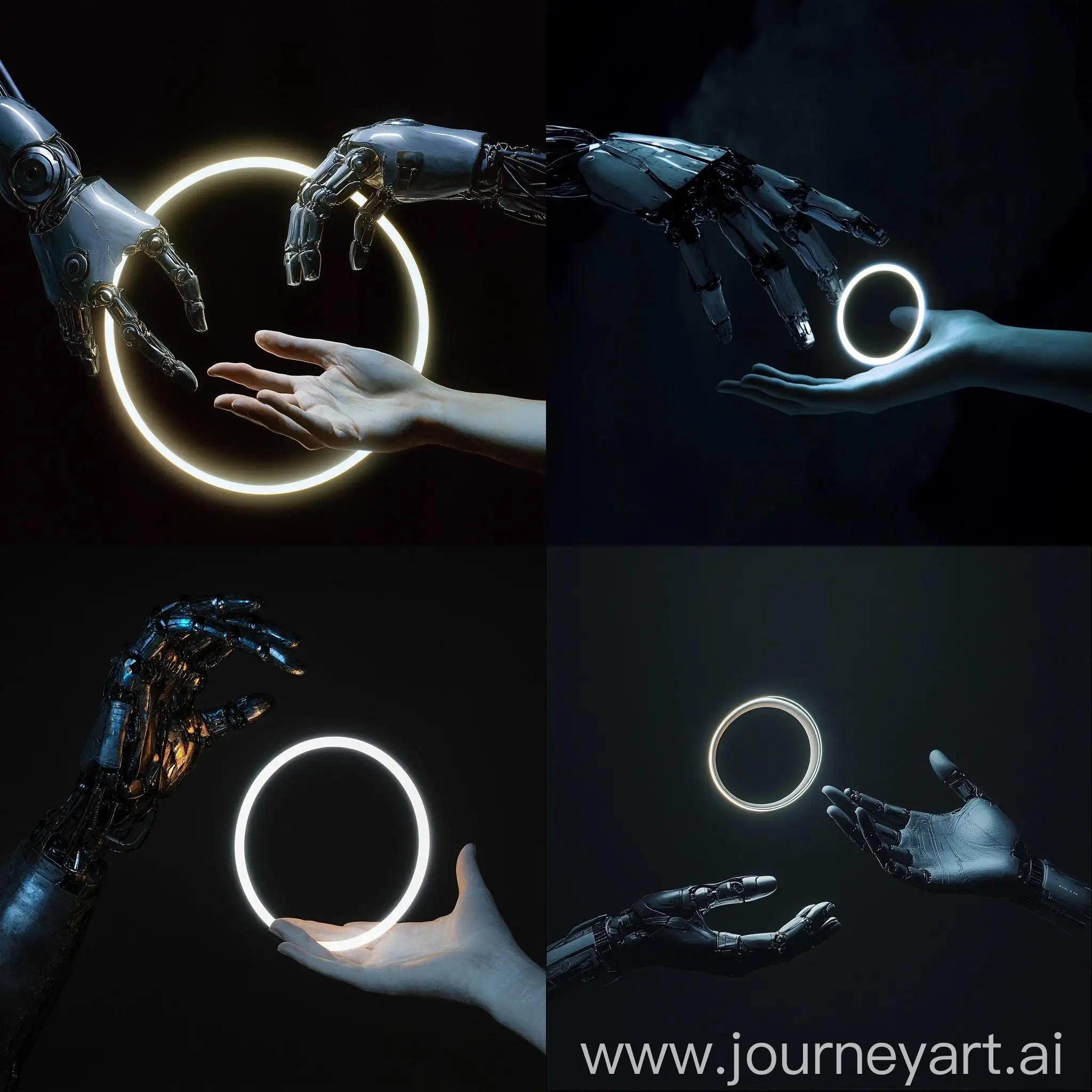 Robot-and-Human-Hands-Reaching-with-Luminous-Ring-on-Black-Background