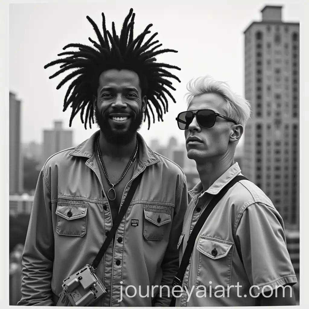 Black-and-White-Poster-of-Two-Men-with-Music-Equipment-in-Cityscape