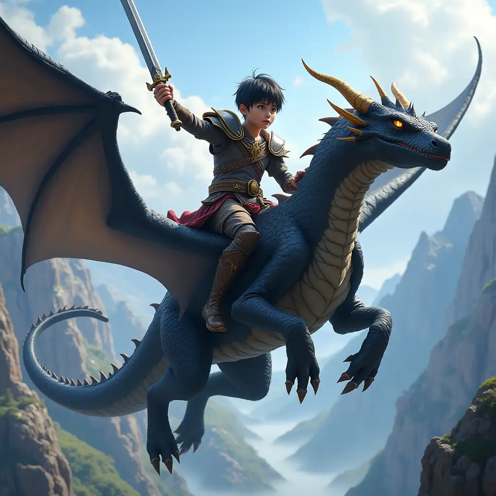 A fierce young male warrior with short black hair rides a powerful black-scaled dragon through the skies over a vast mountainous landscape. He wears intricately detailed leather and metal armor, gripping a sword in one hand while holding onto the dragon with the other. His determined gaze and strong posture convey confidence and bravery. The dragon has sharp, golden horns, glowing orange eyes, and powerful wings outstretched, soaring through the air. The background features towering cliffs and misty valleys under a bright blue sky with soft clouds. The lighting is dramatic, highlighting the textures of the warrior’s armor and the dragon’s scales, creating a high-fantasy adventure atmosphere.