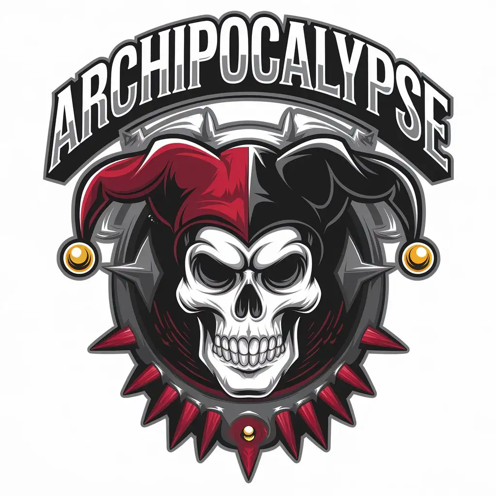 LOGO Design for Archipocalypse Red and Black Jester Hat on Human Skull with Carnival Style for Technology Industry