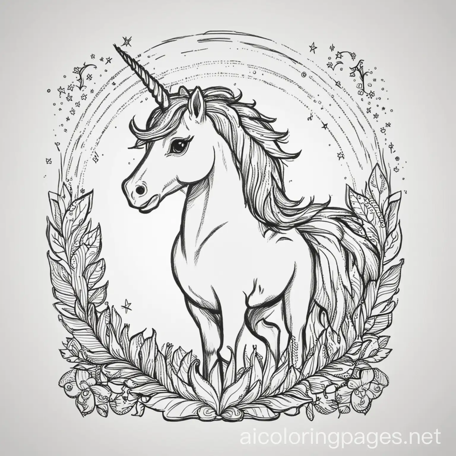 unicorn, Coloring Page, black and white, line art, white background, Simplicity, Ample White Space. The background of the coloring page is plain white to make it easy for young children to color within the lines. The outlines of all the subjects are easy to distinguish, making it simple for kids to color without too much difficulty