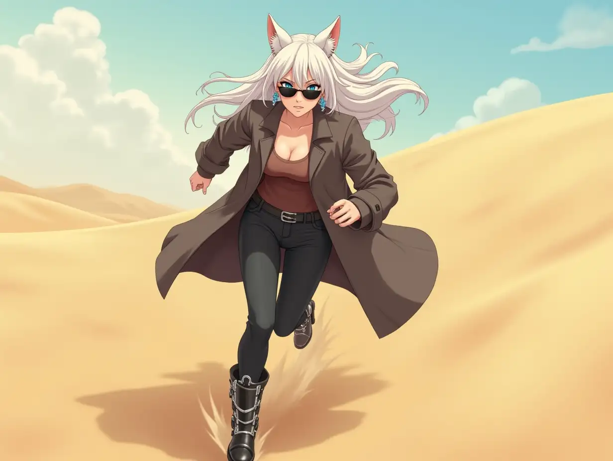 Anime mature adult woman in her 30's with big breast, blue eyes, earrings, long white hair and white cat ears on her head. Running away from a sand storm in the desert with her dark brown coat, black and silver buckle boots and black pants with sunglasses on.