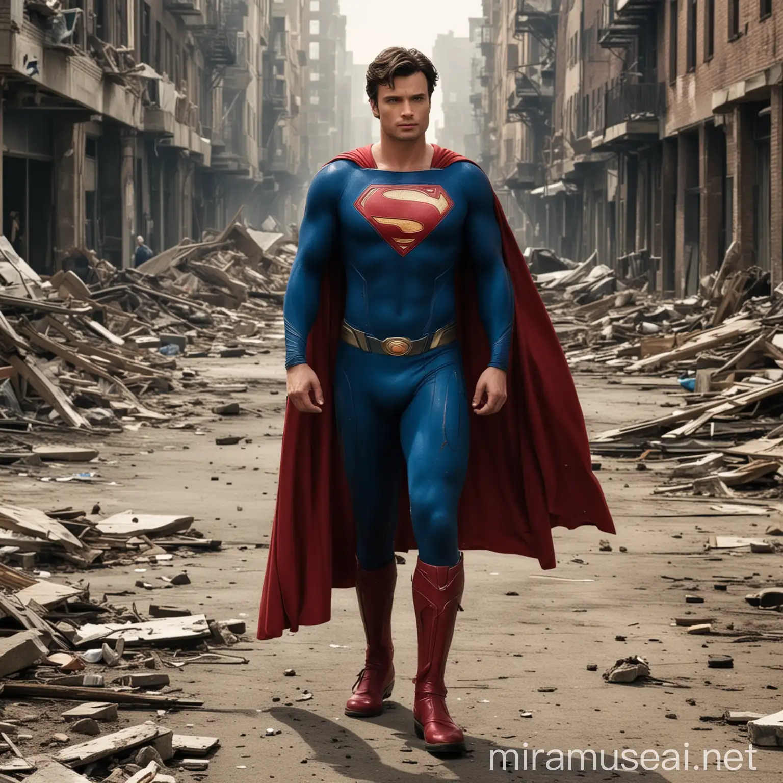 Tom Welling in Modern Superman Suit Standing in Destroyed City