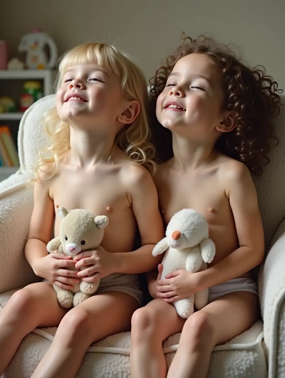 Two-Little-Girls-on-Couch-in-Playroom-Holding-Stuffed-Animals