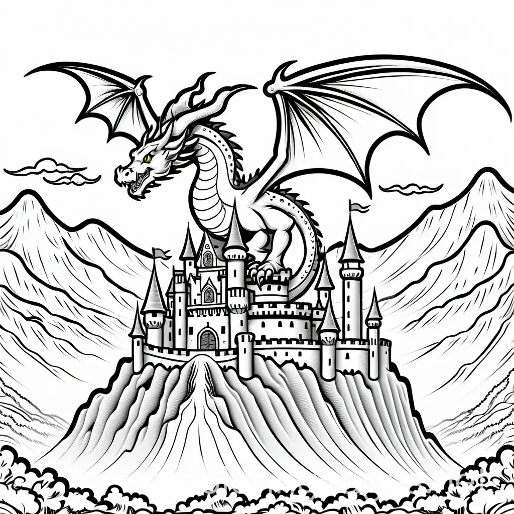 Dragon-Flying-Over-Old-Castle-Coloring-Page