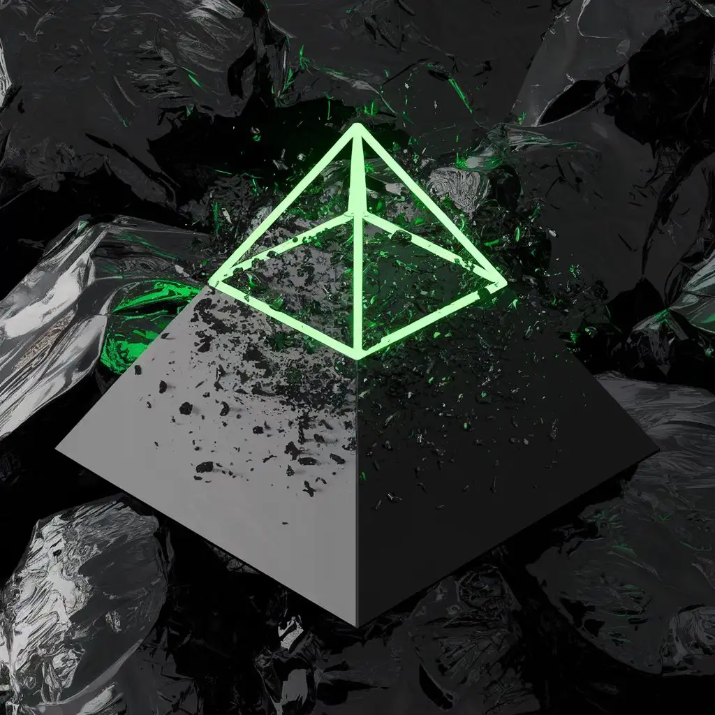 a black pyramid with green neon on a background of black rocks exploded into small particles 3d