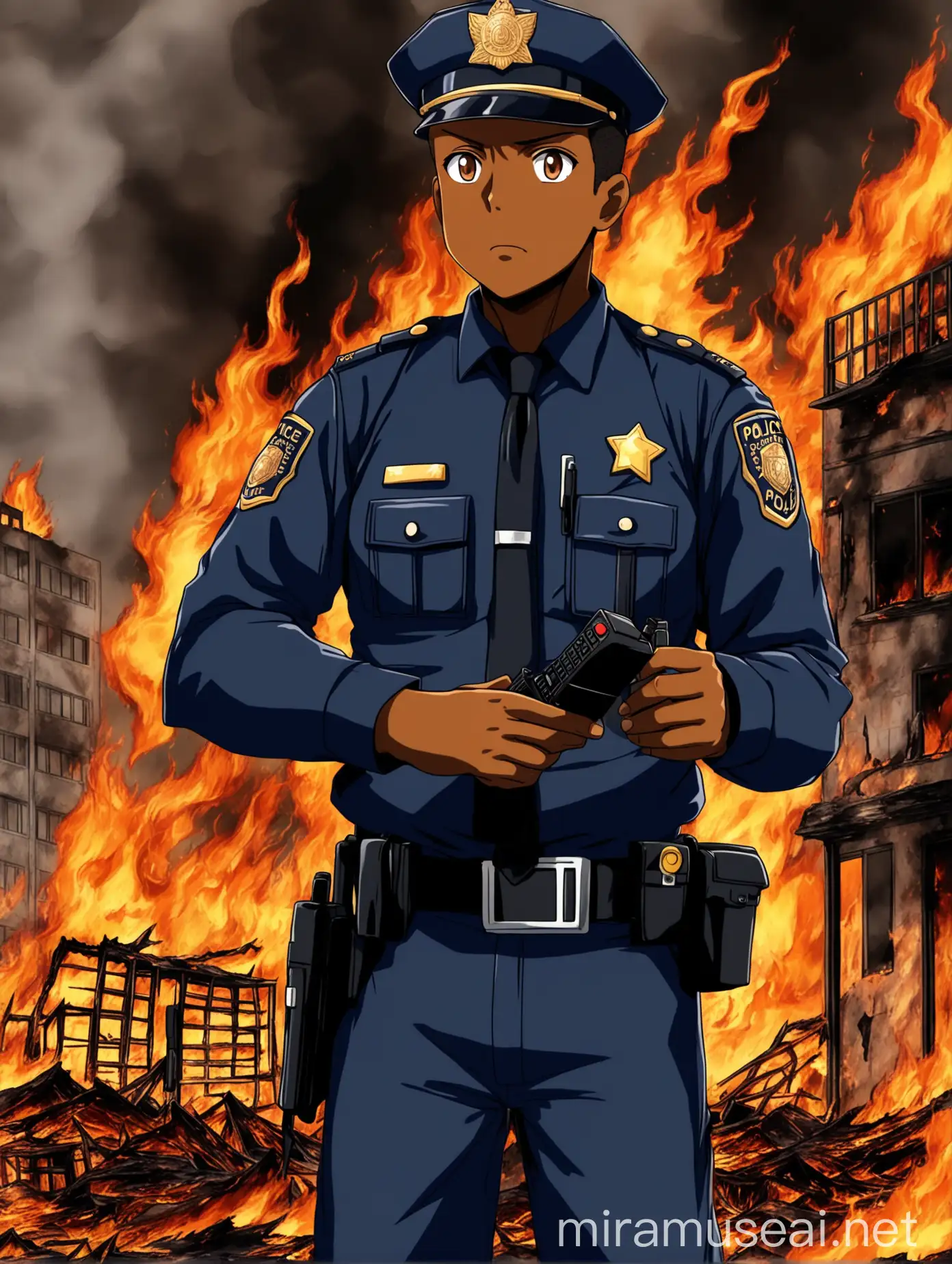 Anime Police Officer Repairing Walkie Talkie Against Burning Building