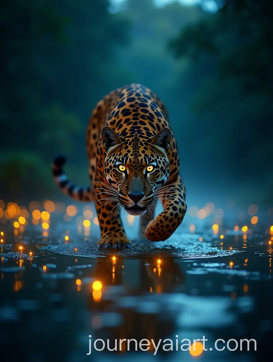 CloseUp-of-a-Jaguar-Hunting-in-Twilight-Jungle-with-Neon-Water-Dots