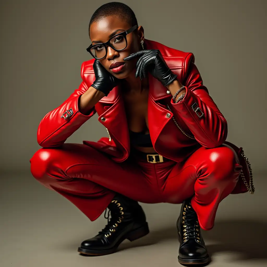 Female-African-Rapper-in-Red-Leather-Crouching-and-Waving-Keys