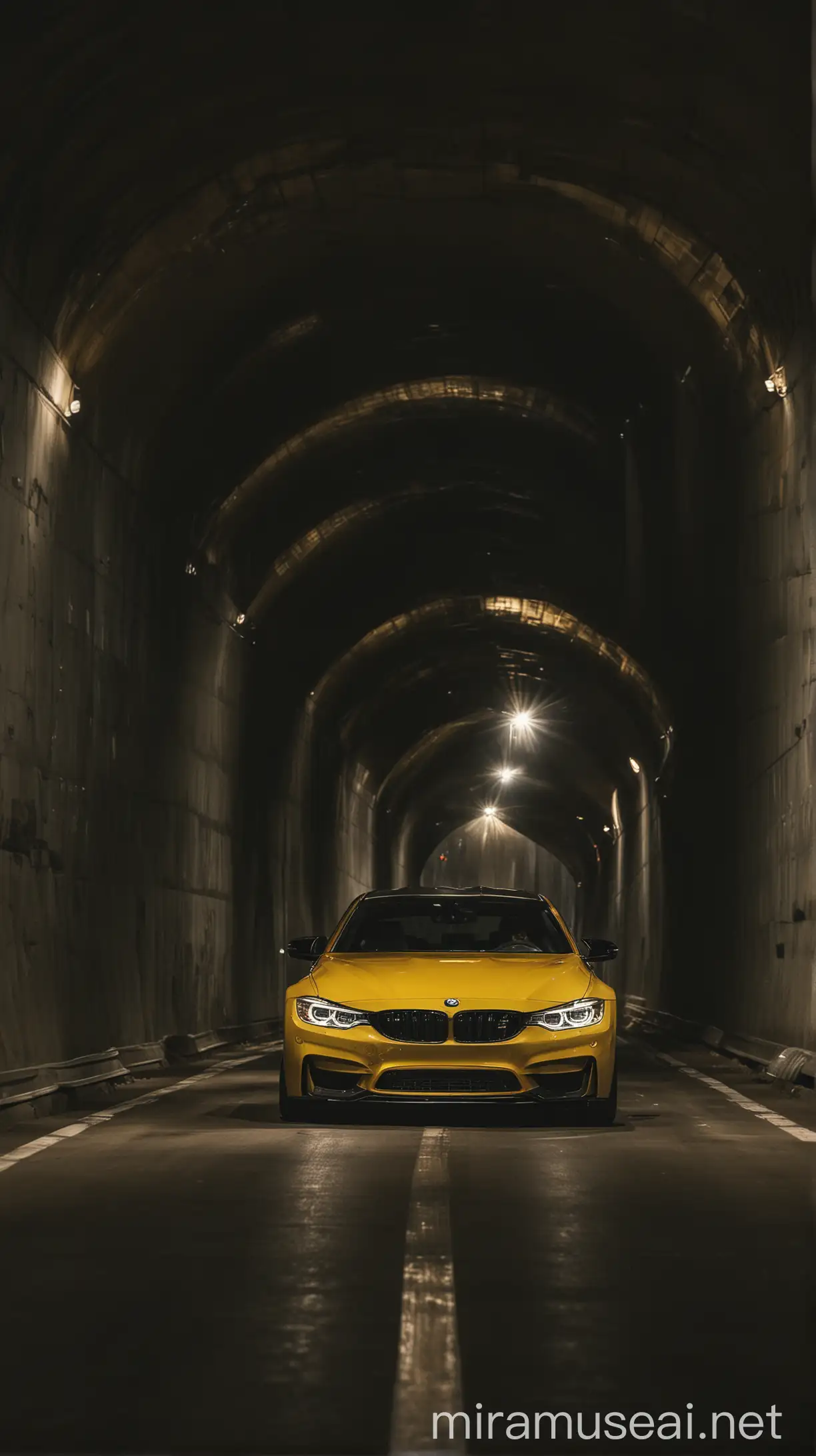 Yellow 2019 BMW M4 Comp Racing Through Dark Tunnel