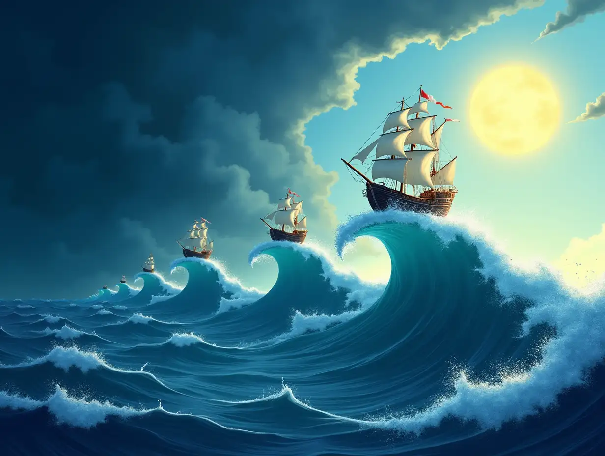 The scene is vector graphics : the ocean has three stages of the wave, on the first a small ship, on the second stage a medium ship, on top of the last third a large wave a large ship with white sails and a girl on the karma. Dark stormy sky on the left. On the right is a bright sunny bright sky.