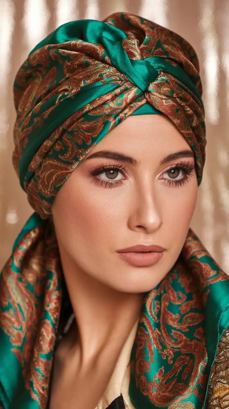 A close-up portrait of a woman wearing a silk head scarf styled in a 1970s turban fashion. The scarf is patterned with paisley in rich jewel tones of emerald green, ruby red, and gold.  Her makeup is classic 70s with defined eyes and nude lips. The background is a soft, blurred jewel tone to complement the scarf.  Portrait, close-up shot, silk texture, 1970s head scarf fashion, beauty portrait, studio lighting. --ar 1:1 --zoom 1.2