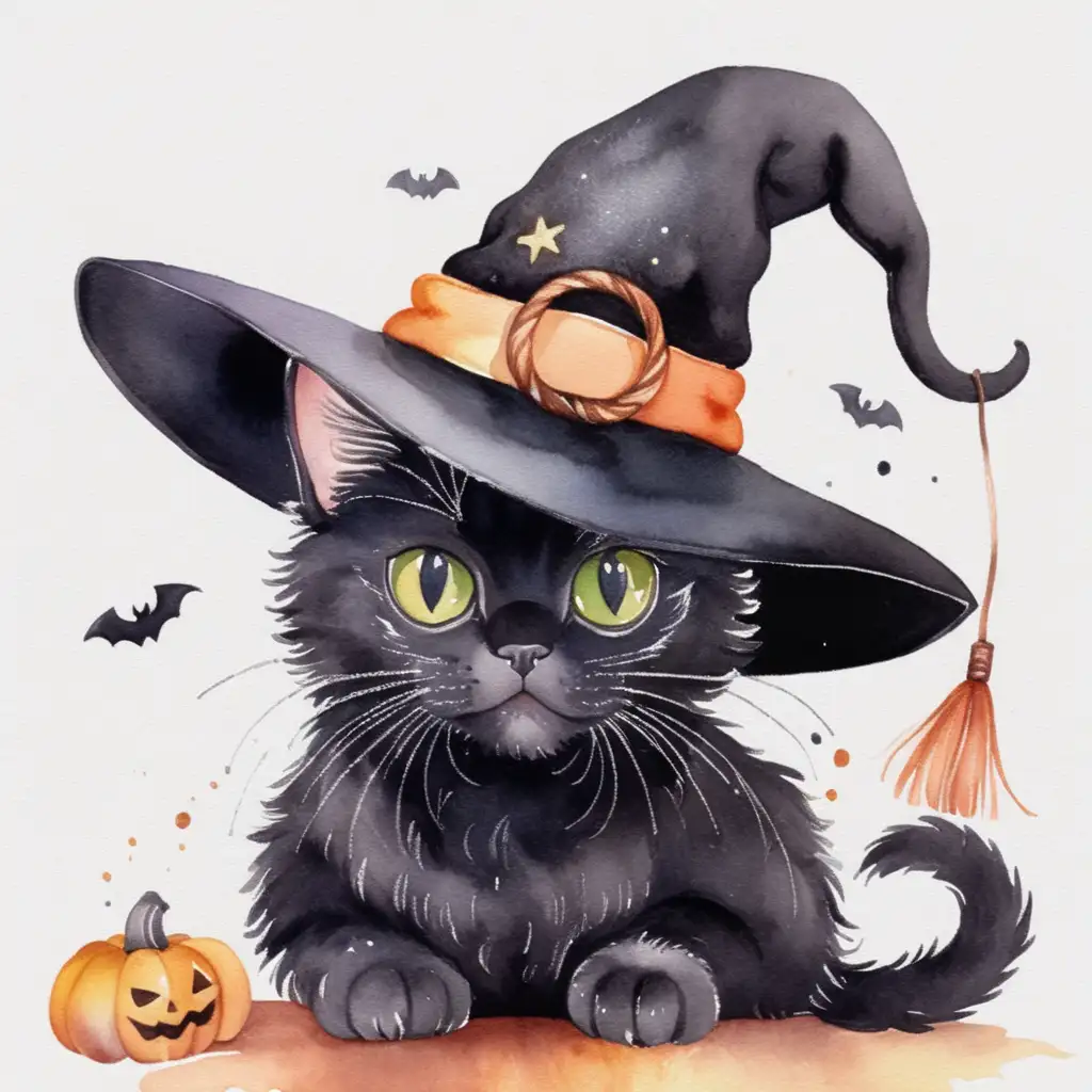 Aesthetic Watercolor Cute Halloween Black Cat with Witch Hat