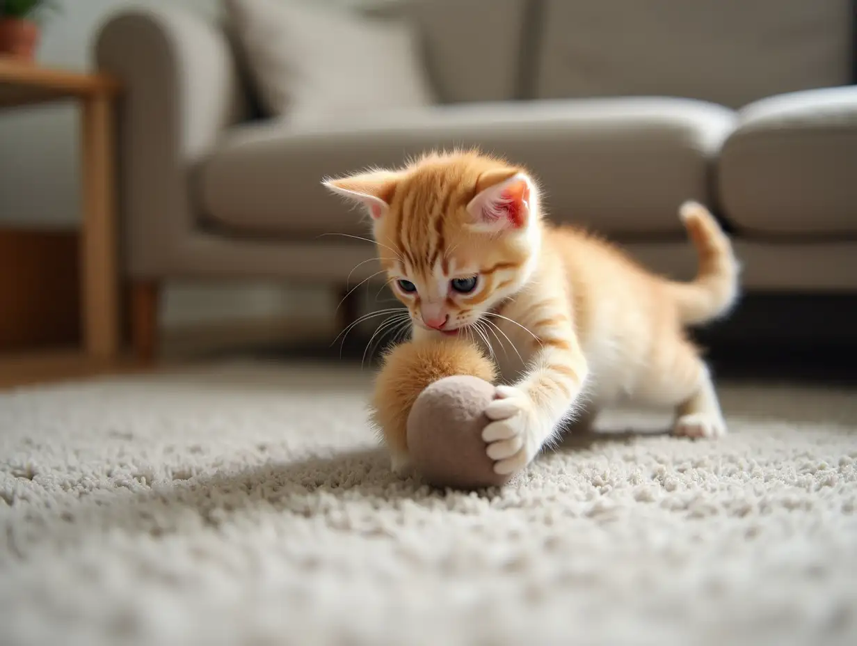 An adorable kitten playing with a toy in a living room.