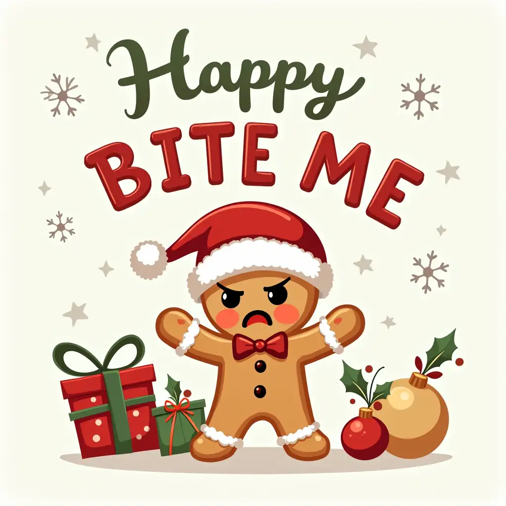 Create a Christmas-themed featuring a grumpy gingerbread man wearing a Santa hat and a bow tie. The gingerbread man should have an angry expression and be surrounded by presents, ornaments, and holly. The text 'BITE ME' should be prominently displayed in bold, contrasting fonts, with a playful, handwritten style. The background should be a light, neutral color with snowflakes scattered around. Consider adding other festive elements, such as Christmas lights or reindeer, to enhance the visual appeal. The overall style should be lighthearted and fun, with a touch of irony.