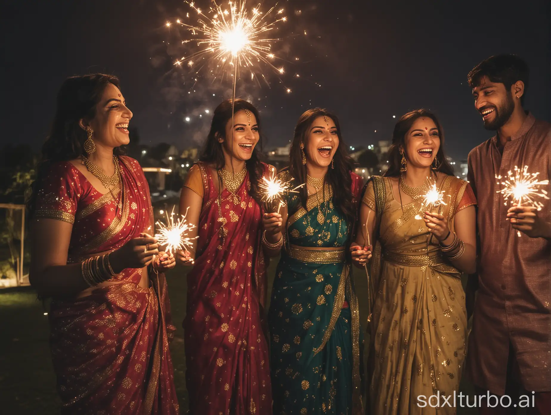 Friends-Laughing-and-Holding-Sparklers-in-Traditional-Indian-Attire-at-Diwali-Night-Celebration