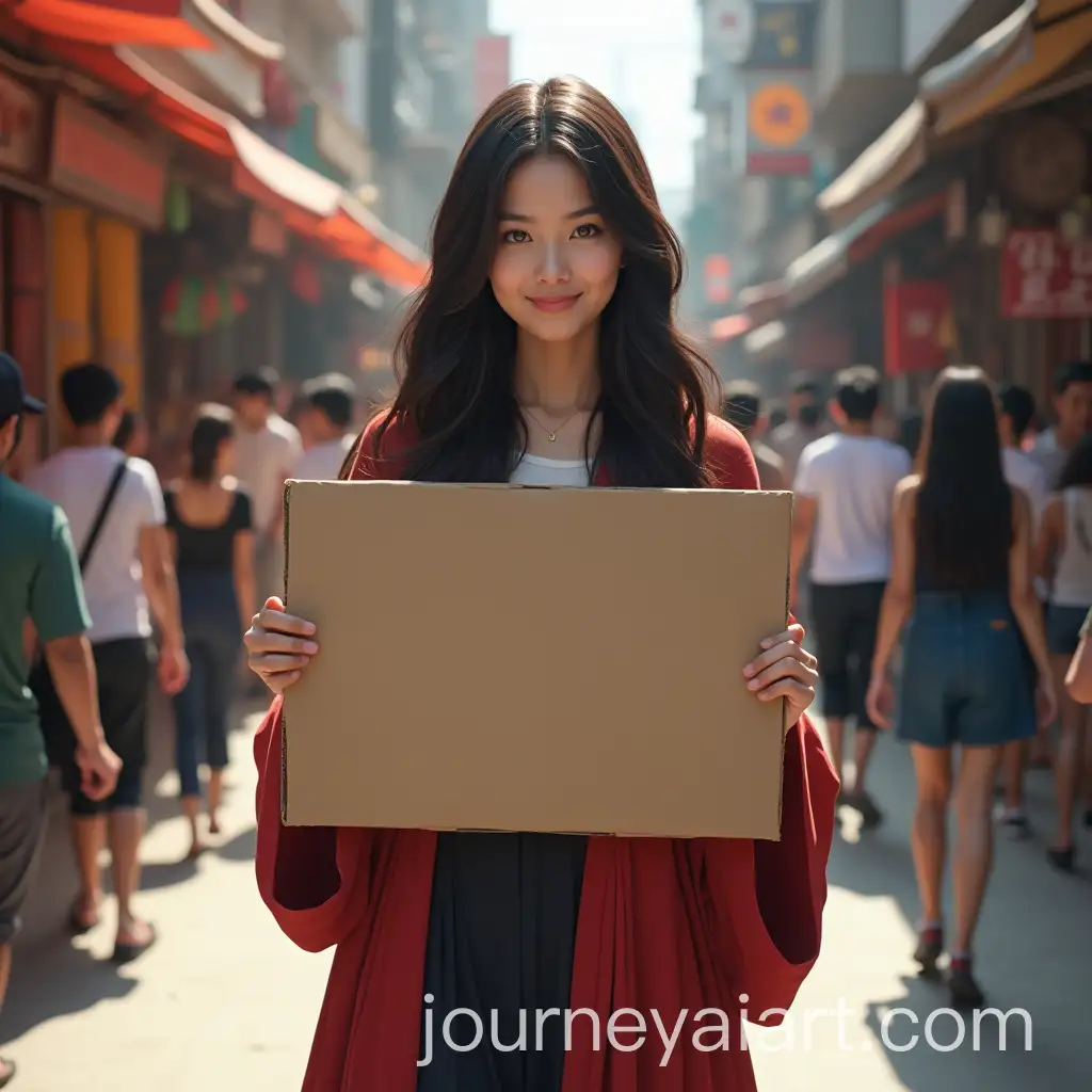 Young-Woman-Holding-CardAI-Art-Prompt-Expansionboard-Board-on-Busy-City-Street