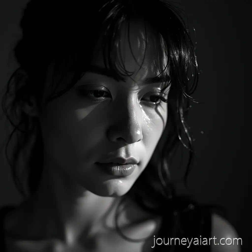 BlackandWhite-Portrait-with-Glossy-Water-Droplets-and-Melancholic-Expression