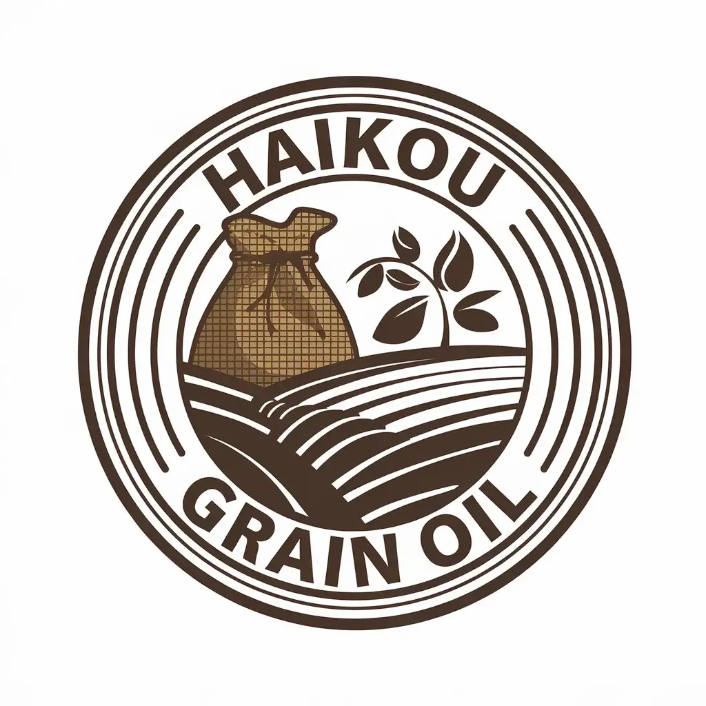 a vector logo design,with the text "Haikou grain oil", main symbol:Burlap sack, paddy field, and oil,Moderate,be used in Restaurant industry,clear background