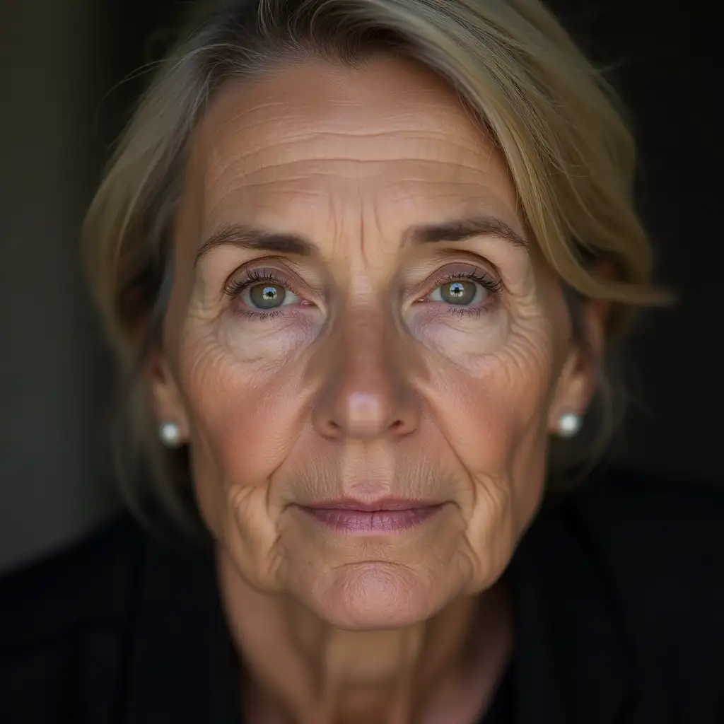 the face of an older caucasian woman looking straight ahead with a serious face