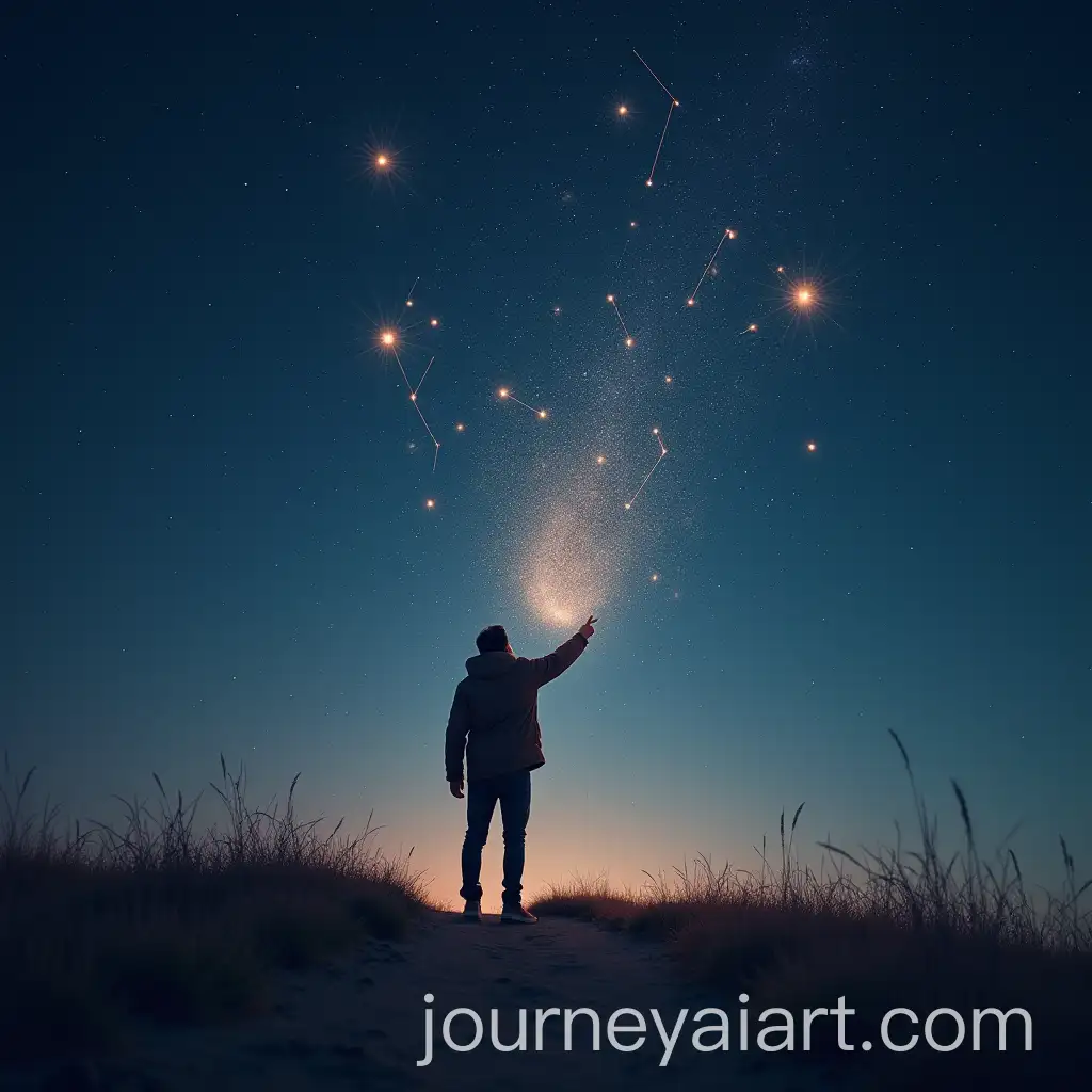 Human-Turning-into-Stardust-Pointing-at-Constellation-in-Night-Sky