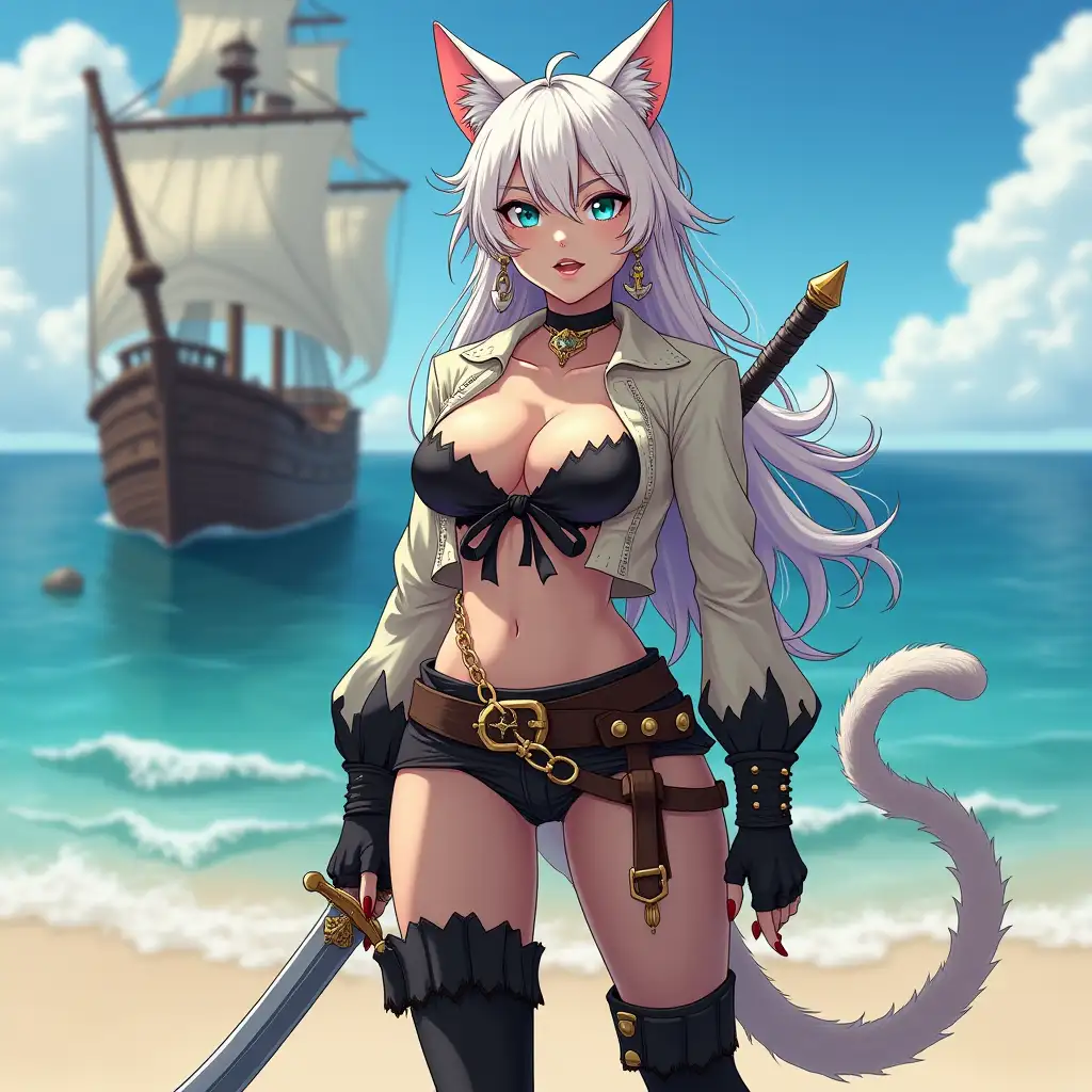 A mature adult tall feline/woman dressed as a pirate with a sword on a beach. A pirate ship in the background. Her 30-something years are disguised by her youthful facial features, except for her subtle wrinkles around the eyes, extremely slender body. Her ample bosom strains against her clothing, threatening to burst free from the fabric, extreme cleavage. Midriff. Wearing black thigh high pirate boots. She has piercing blue cat eyes. A choker adorns her neck, a subtle hint at her feline nature. Her long, white hair cascades down her back like a wild waterfall, tangled and disheveled. Her cat-like teeth glint in the light, as her white fur-lined ears punctuate her visage with sparkling black and gold earring adorns each ear, adding a touch of elegance to her feline features. Cat whiskers on her face. The attached tail at the base of her spine stirs lazily. Long fingernails. Full body view. Anime.