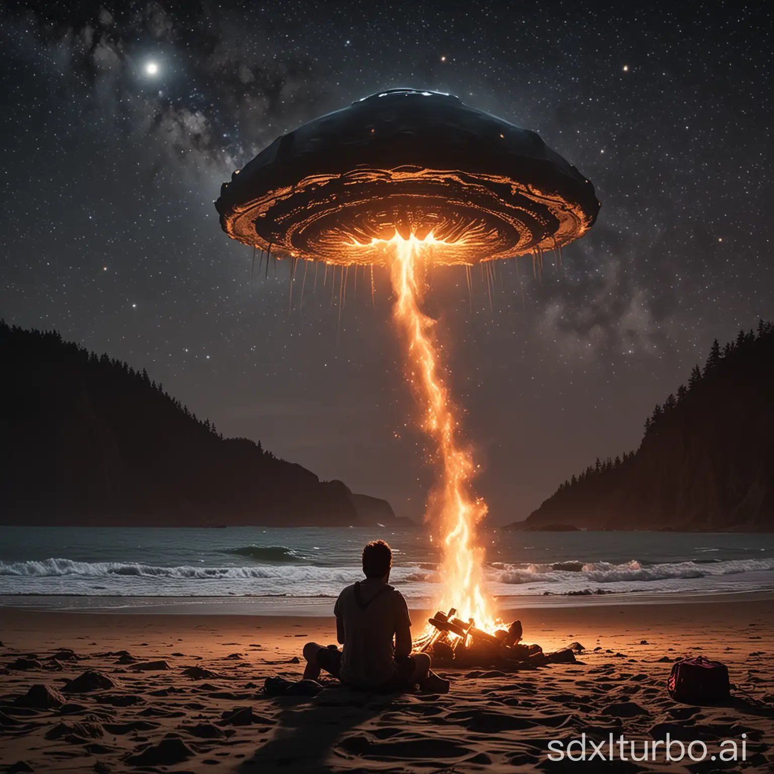 A man camping on the beach witnesses aliens invading the earth from the sky at midnight by the campfire