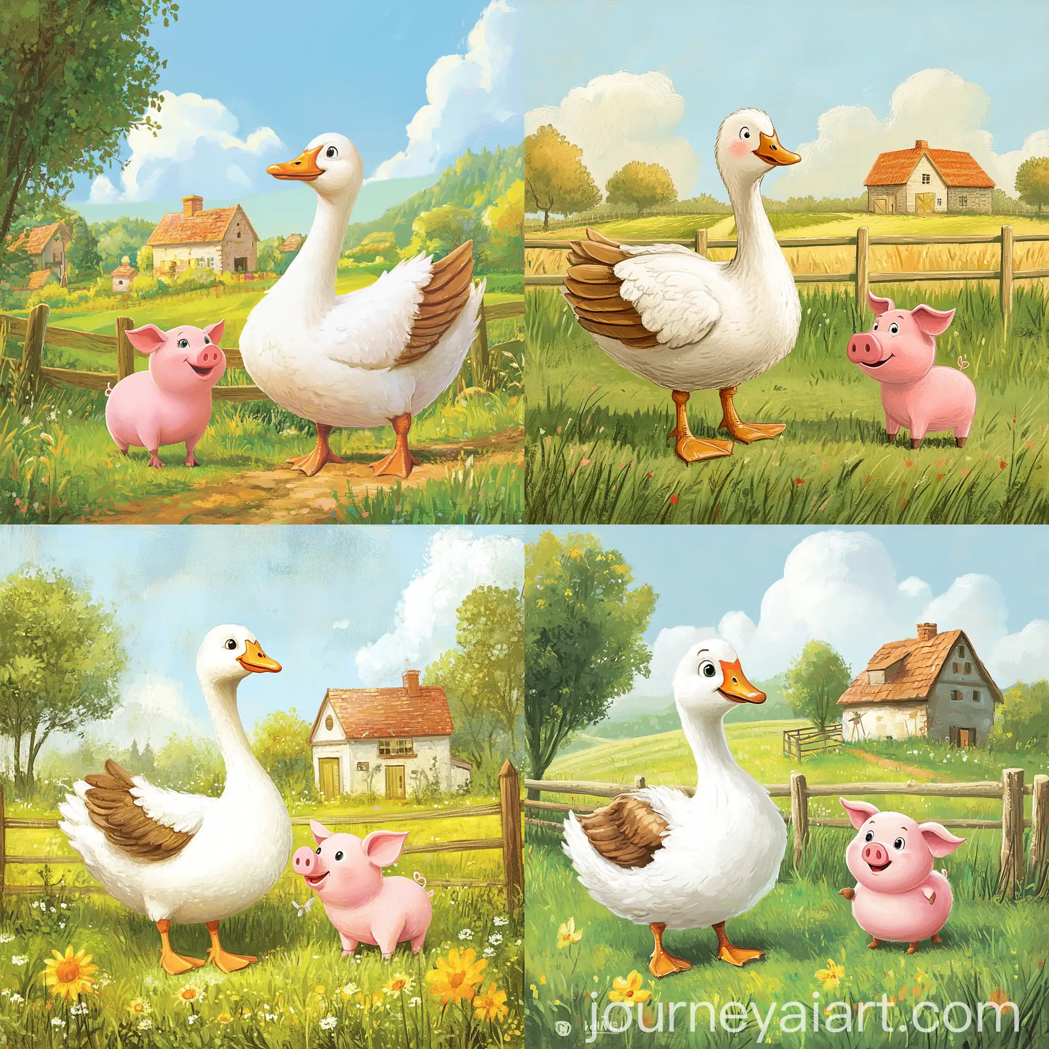 Cheerful-Farmyard-Friends-White-Goose-and-Pink-Piglet-on-Green-Meadow