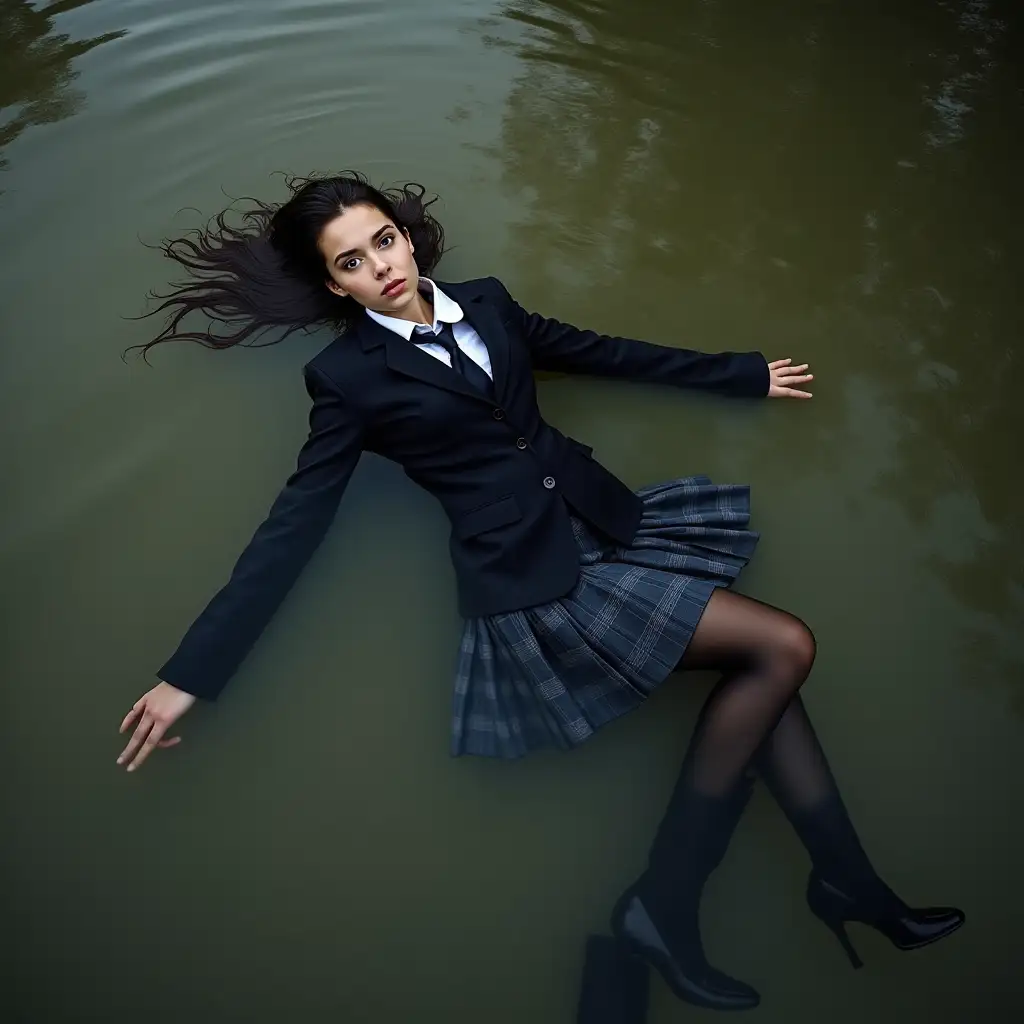 schoolgirl in school uniform, with skirt, blazer, blouse, dark tights, high-heeled pumps. Swims in a dirty pond, clothes completely wet, no dry spots on clothing, under water, lies fully in the water, wet clothes stick to body, submerged in water