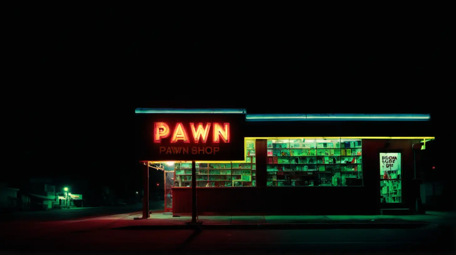 Neon Pawn Shop Sign Illuminated in Urban Night Scene