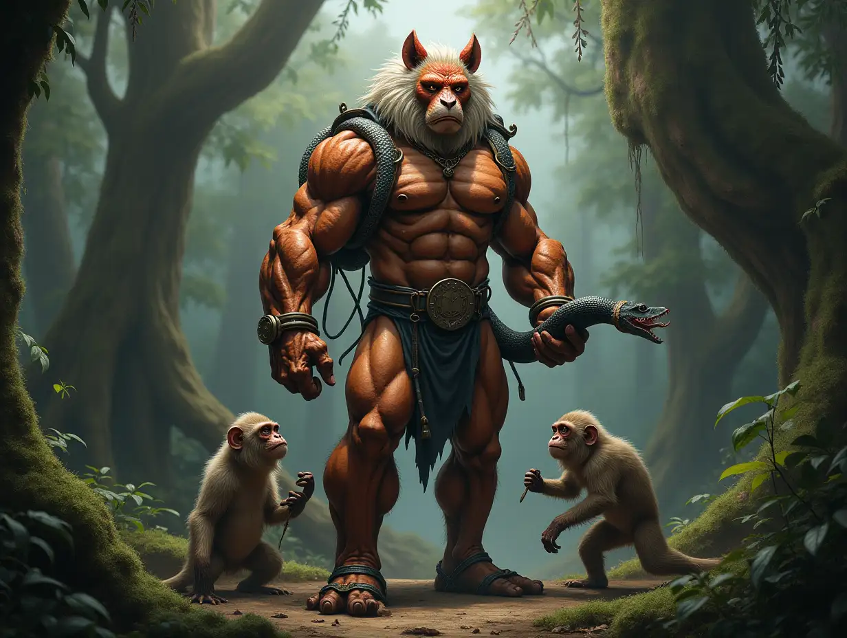 A very detailed photo. A full body representation of an animal-hybrid bodybuilder with a snake and monkeys in a forest with extremely large trees