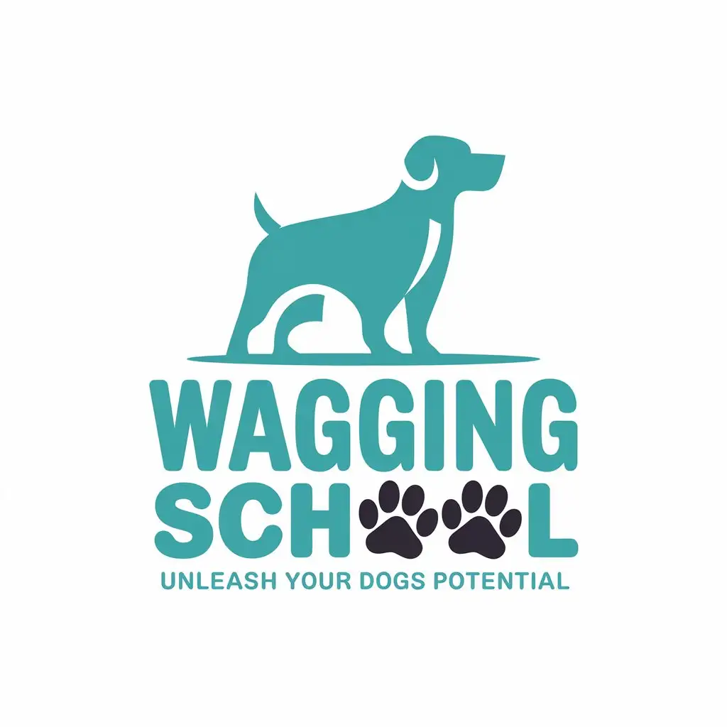 LOGO Design for Wagging School Dog Training Aqua Turquoise with Dog Silhouette and Paw Print