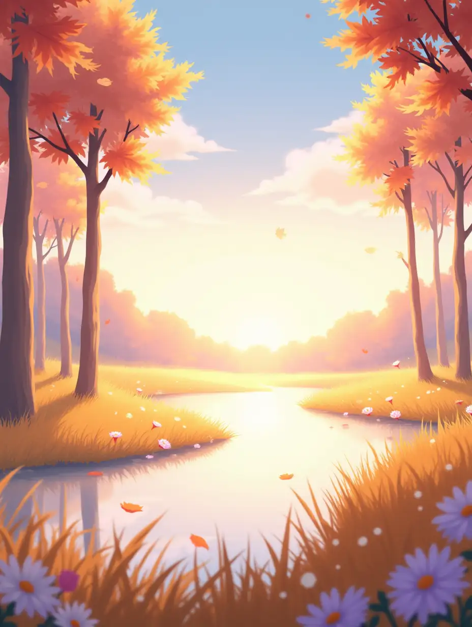 Soft Anime Autumn Scene Concept: The video opens with a gentle, low-angle view of a serene meadow bathed in the soft light of late afternoon. The ground is covered in soft, golden grasses that sway lazily in the breeze. Warm, pastel hues of orange, red, and yellow leaves drift down from the trees, twirling and fluttering through the air. The camera moves slowly toward a calm, reflective pond, where the surface mirrors the sky—soft blues and pinks blending as the sun dips low. A light mist dances over the water, adding a dreamlike quality.nAs the camera pans upward, tall trees with slender trunks and delicate branches stand against a sky awash in gentle shades of lavender and soft peach. The leaves shimmer in the wind, glowing with autumn’s warmth. Small, glowing fireflies flicker in the air, adding a touch of magic to the scene.nThe focus shifts back to the ground, where soft flowers in pale purple, pink, and cream are scattered among the grasses. Their petals seem almost to glow in the dimming light. The overall atmosphere is peaceful, like a quiet moment in a forgotten world.nThe video closes with a wide, sweeping shot of the entire meadow, the fading light of sunset casting everything in soft, golden hues. The camera slowly pulls back, leaving behind the shimmering water and the gently falling leaves, fading into the peaceful stillness of autumn.