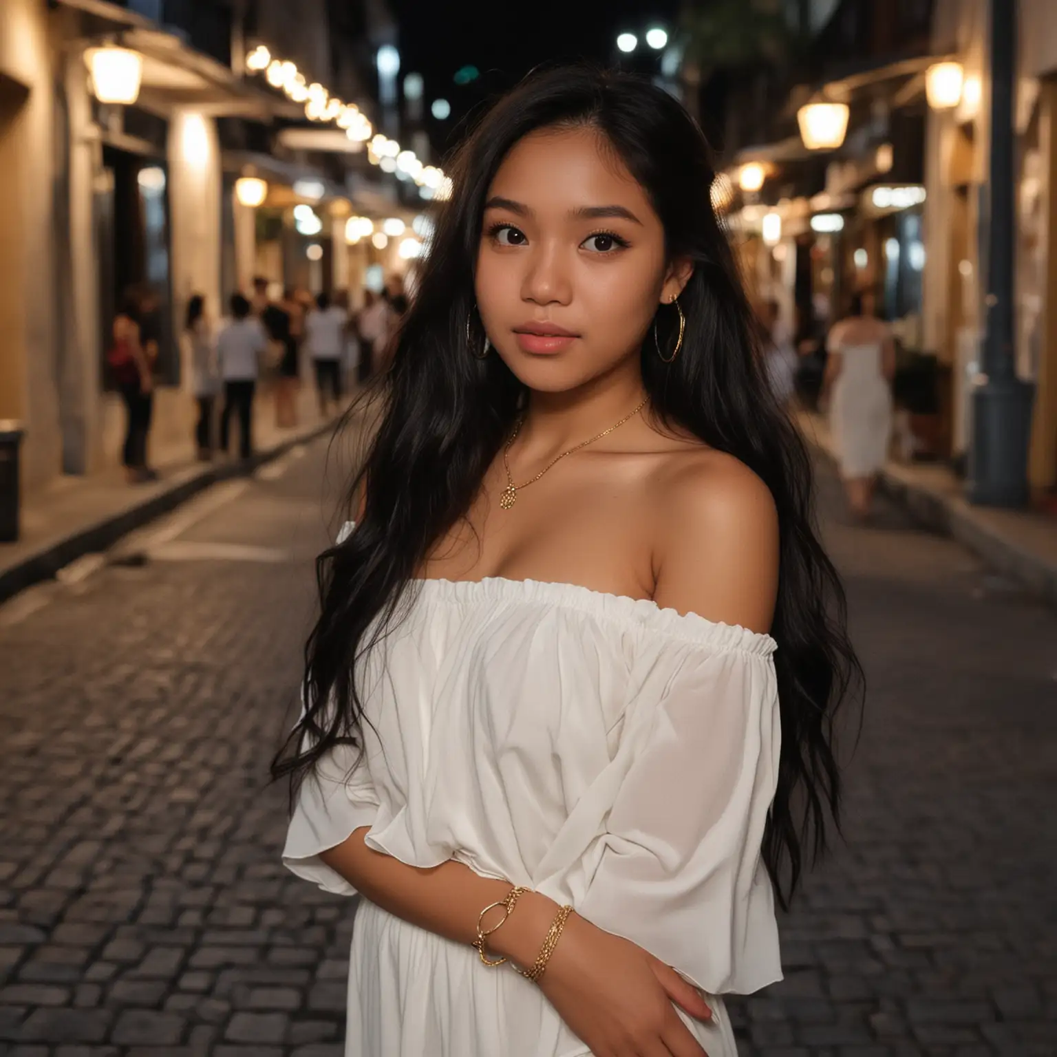 Filipina-Girl-in-Elegant-White-OffShoulder-Dress-on-Nighttime-Streetwalk