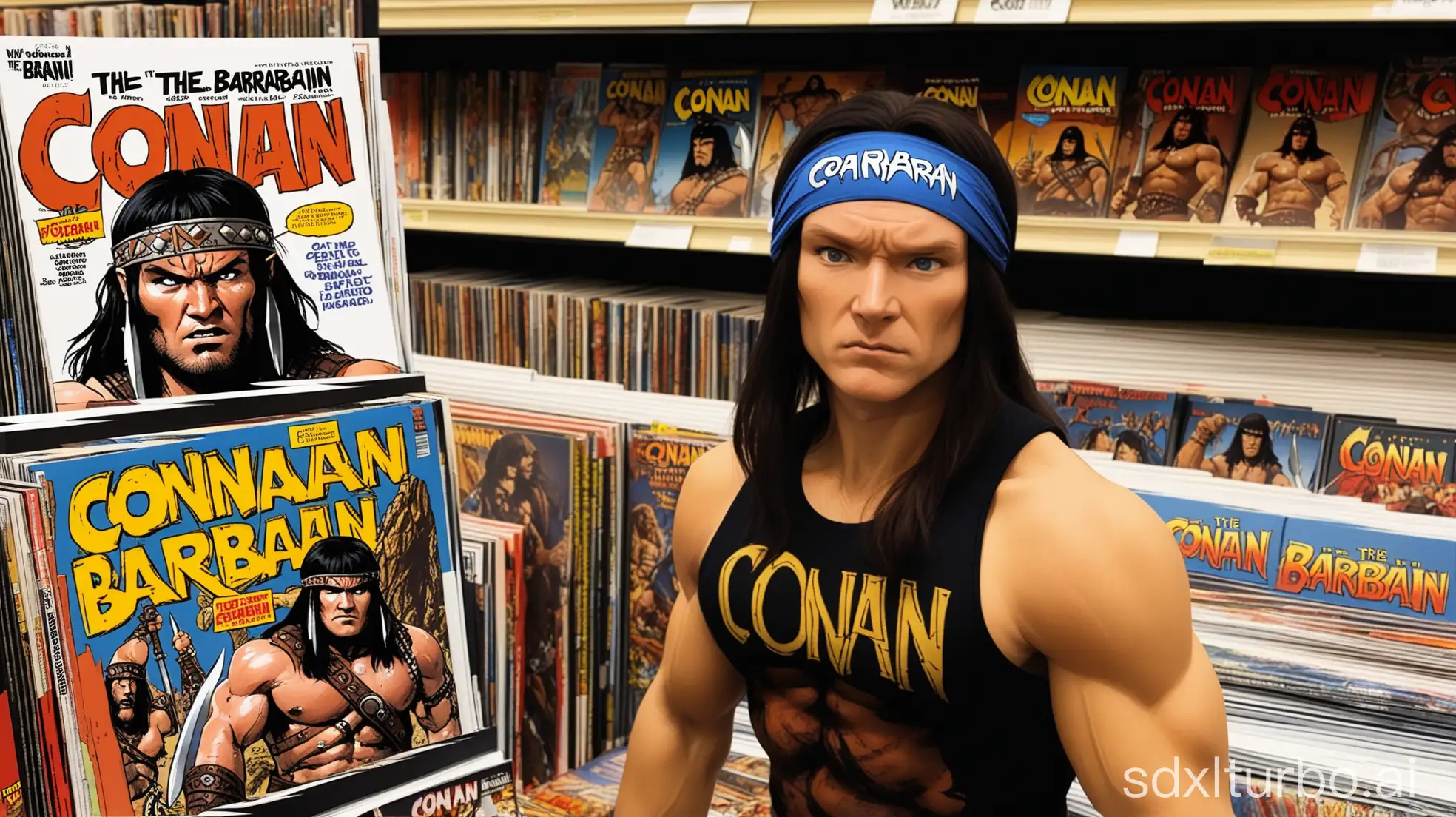 a fan wearing headband with a lot Conan the barbarian merchandise and comic books