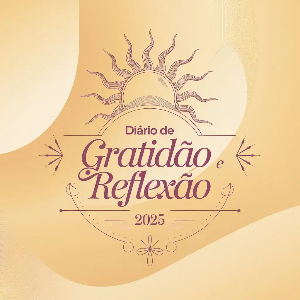 Design an art with a pastel theme, using soft yellow tones, featuring a delicate and artistic sun illustration to evoke feelings of warmth, positivity, and gratitude. The title 'Diário de Gratidão e Reflexão 2025' is centered in an elegant, cursive font, surrounded by minimalist decorative elements. The background includes smooth gradients and a clean, polished design, with no textures or bindings, ensuring a flat, digital style perfect for a serene and joyful aesthetic