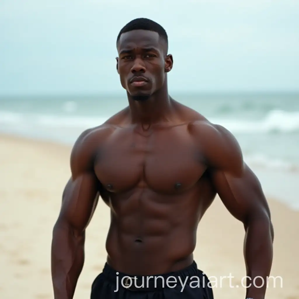 Muscular-Black-Man-Posing-on-a-Beach-in-Portrait-Style