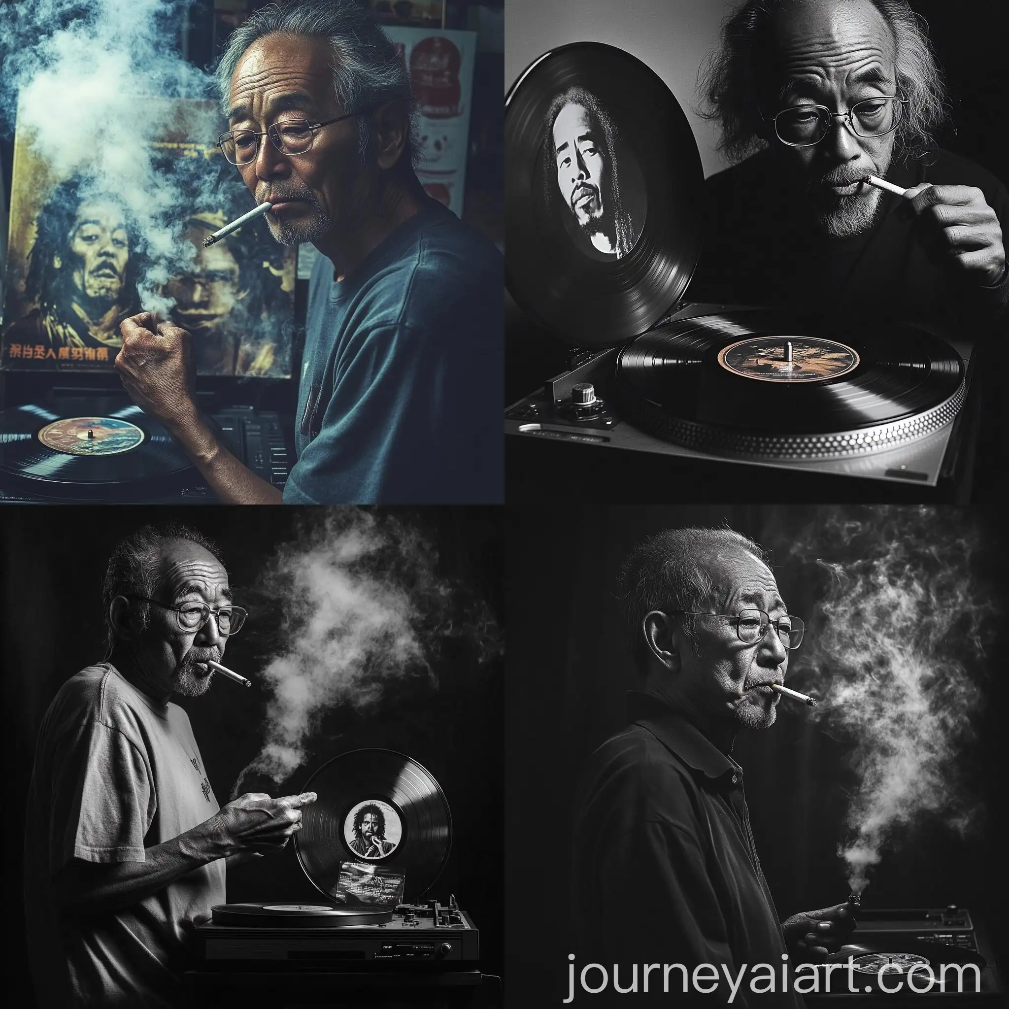 Elderly-Japanese-Man-with-Technics-SL1200-Record-Player-and-Bob-Marley-Vinyl