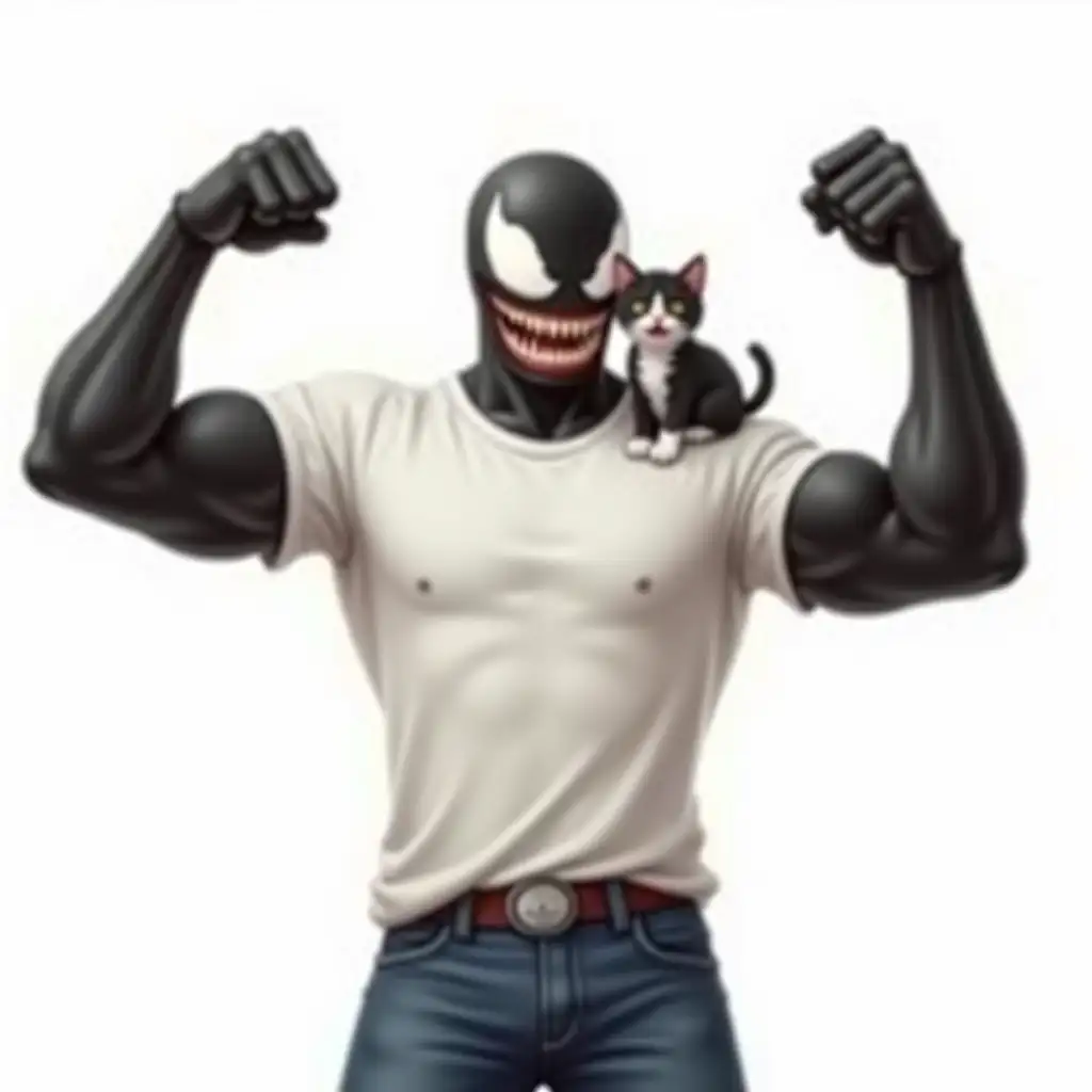 full body shot. marvel Venom in white T-shirt and jeans upright raises his thumbs in the air, white background behind him, a small black and white kitten sits on his shoulder clinging to his paws. Lots of detail and detail. White background. retro cartoon painting, masterpiece