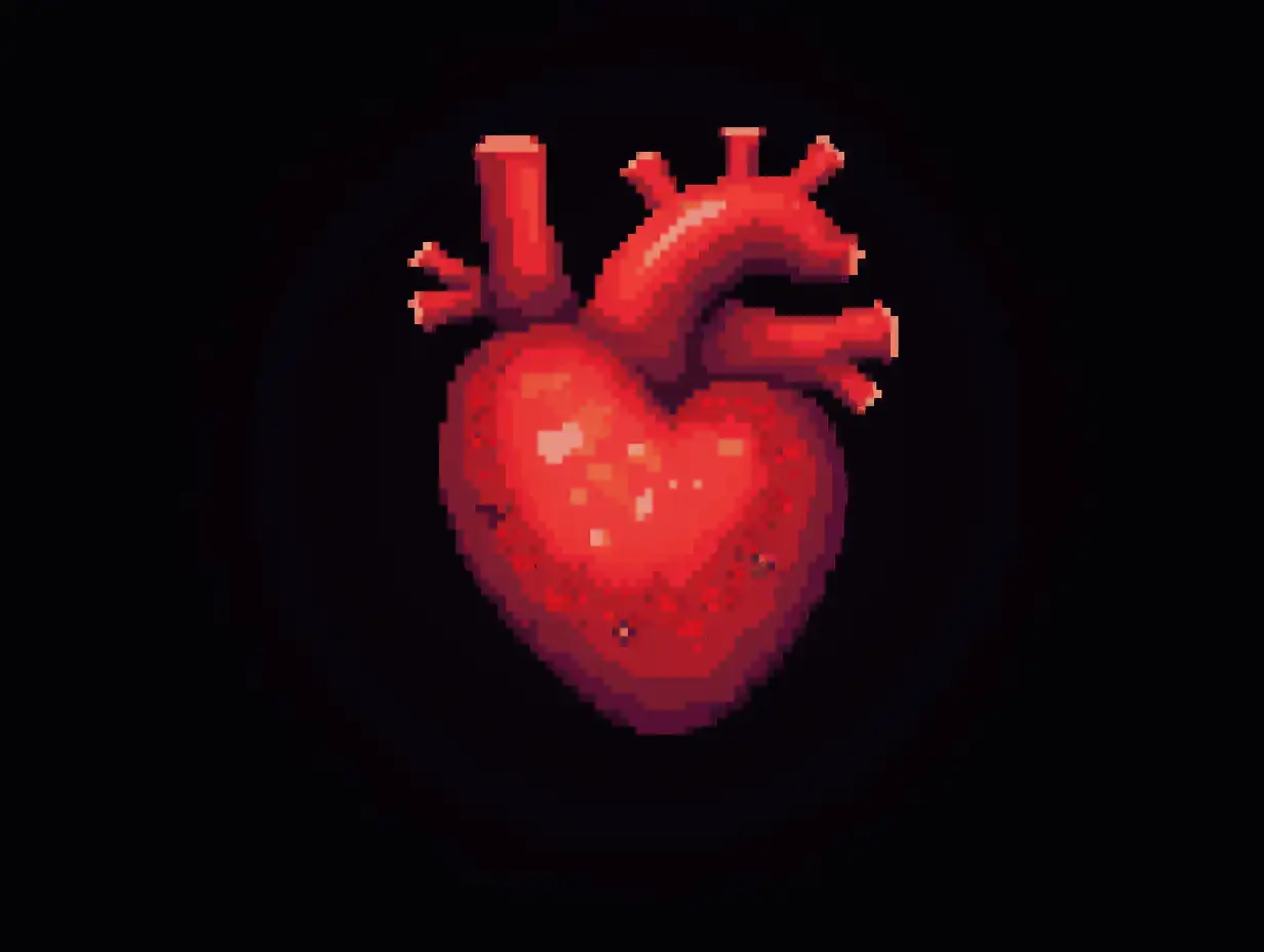 Ahuman heart in pixel art with a black background