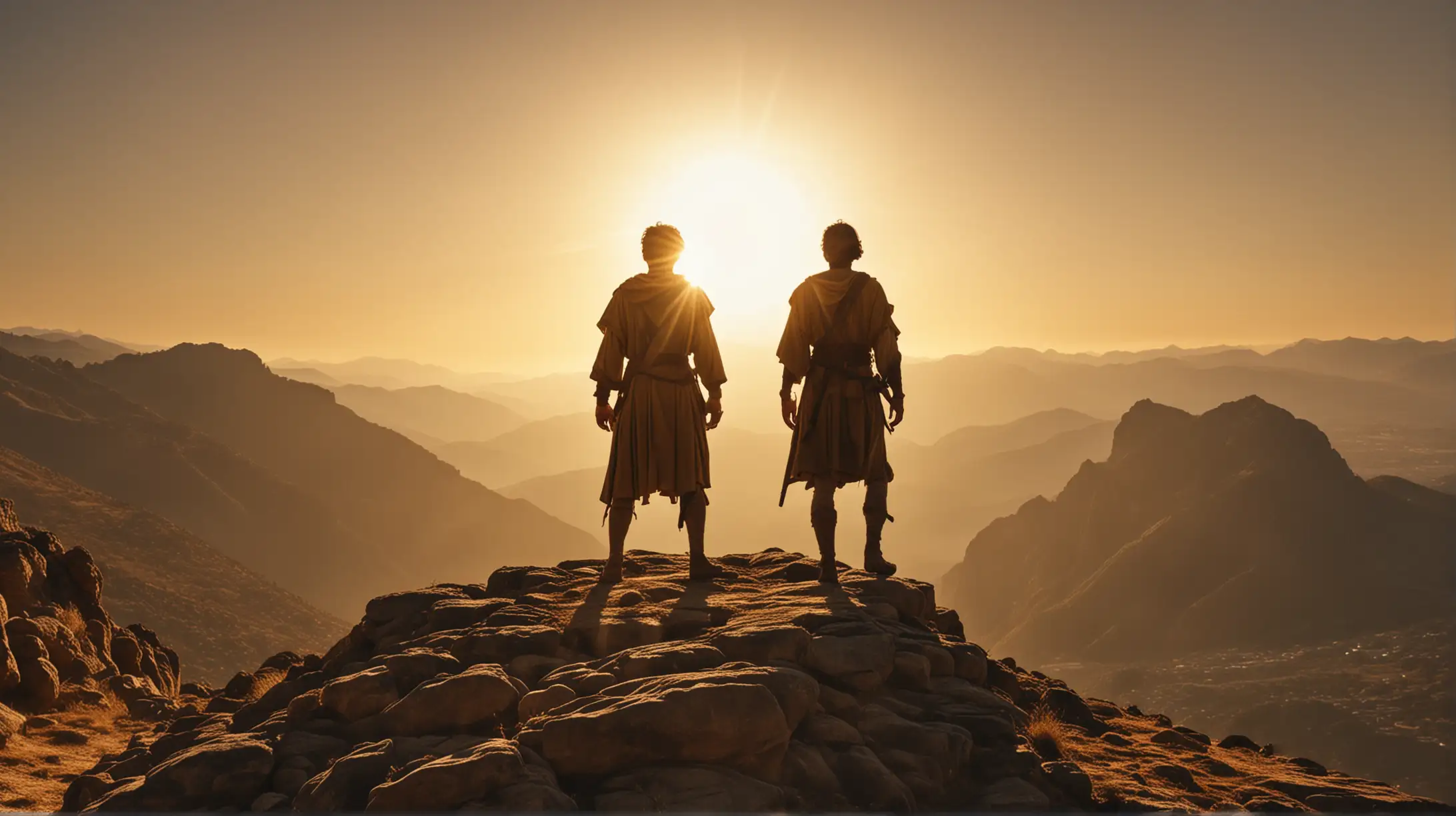 Man Standing on Mountainous Rock with Golden Sun in Biblical Era Scene