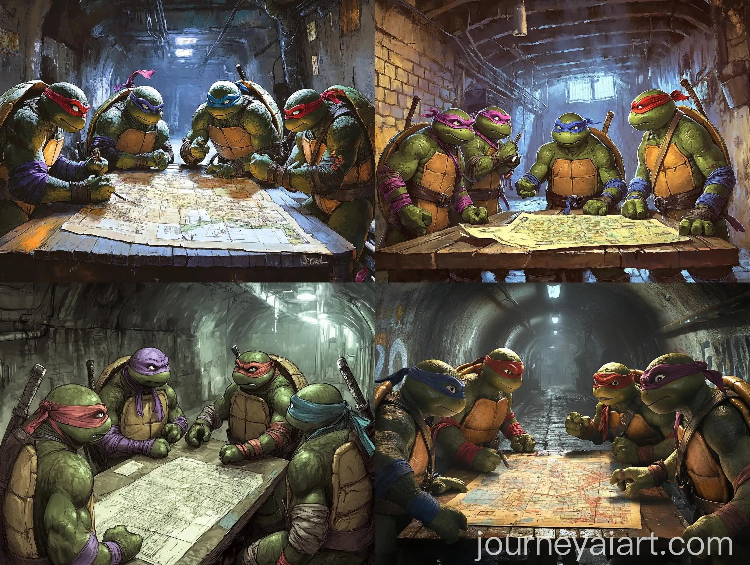 Teenage-Mutant-Ninja-Turtles-Planning-in-Sewer-Lair-with-City-Map