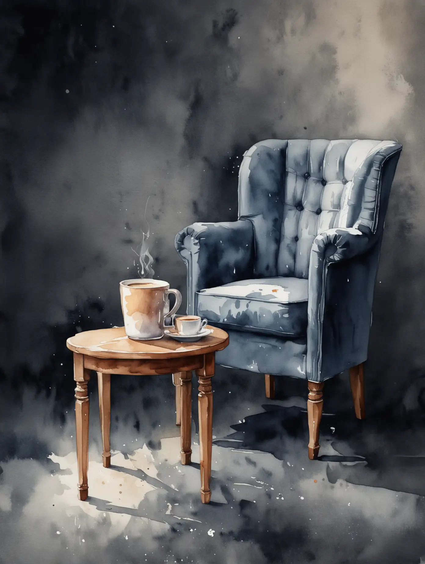 Coffee-Cup-on-Dark-Background-Near-Armchair-Watercolor-Drawing