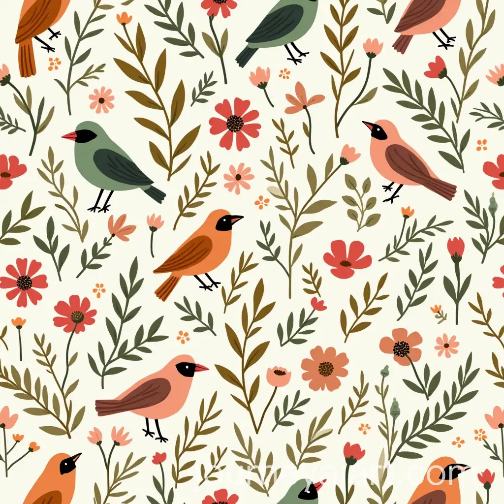 Folk-Floral-and-Birds-Insects-Seamless-Pattern-in-Pink-Green-and-Orange-Hues