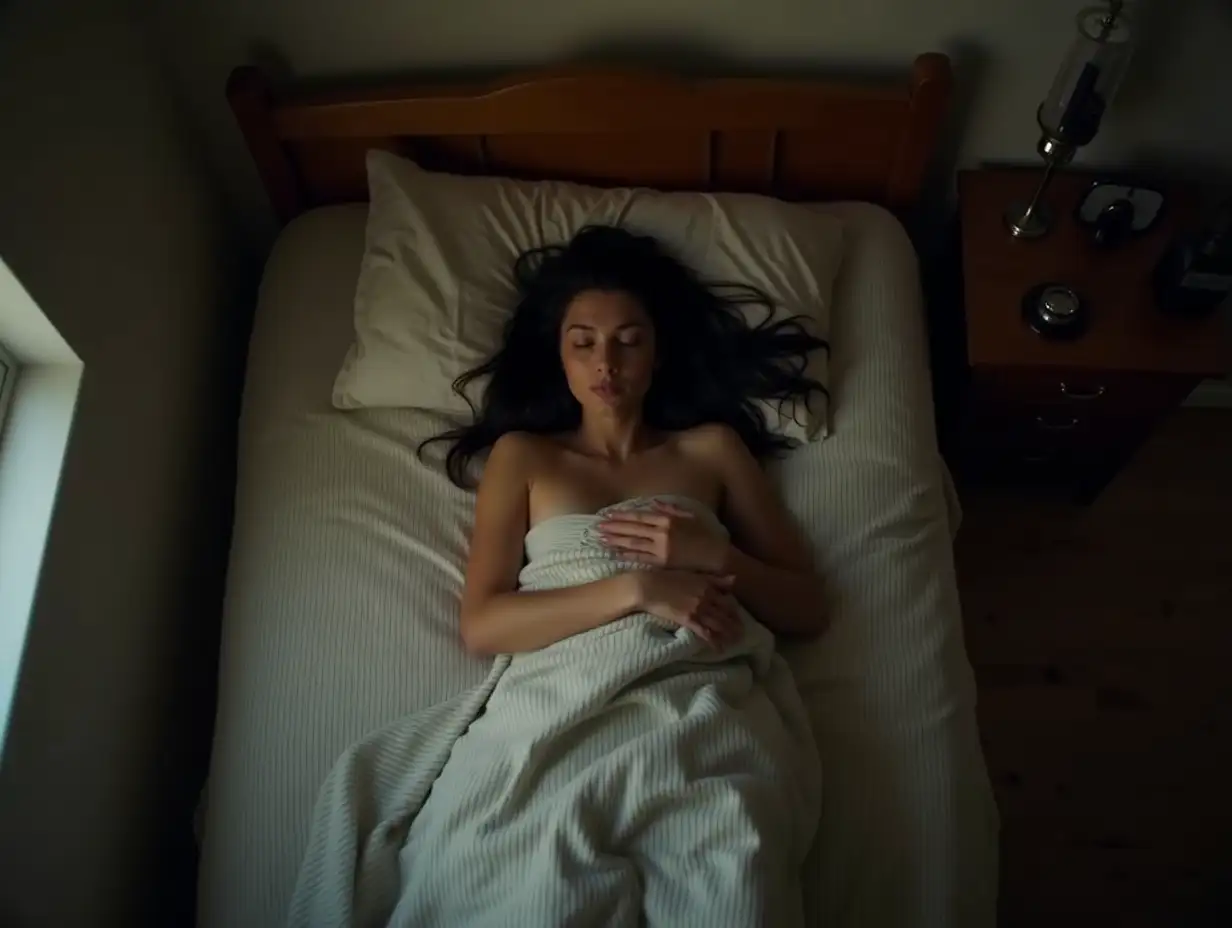 Young-Woman-Resting-on-Jenny-Lind-Style-Bed-withAerial-View-of-Woman-Sleeping-Striped-Blanket-at-Dusk